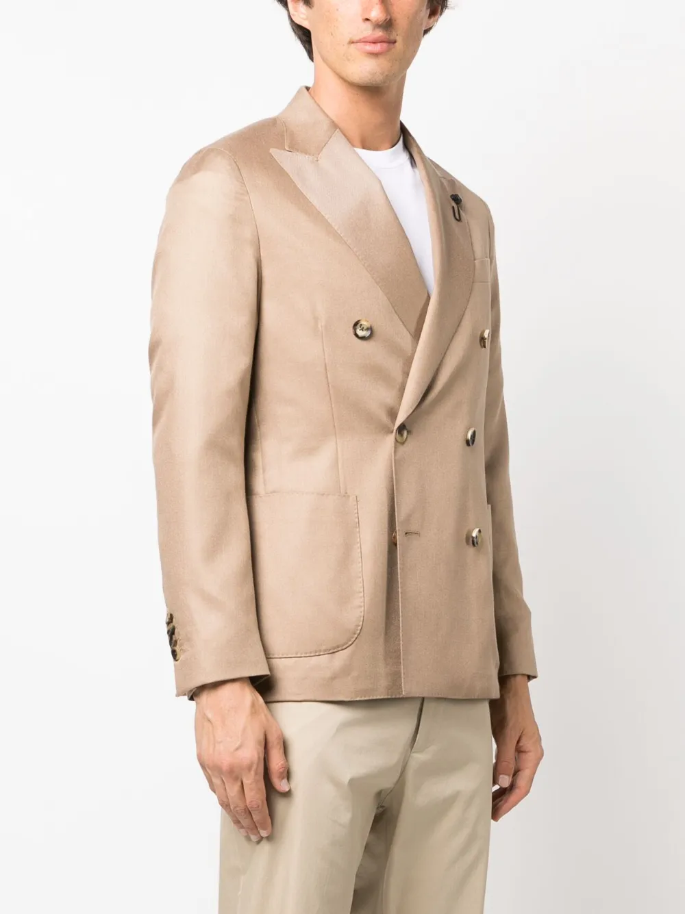 Shop Lardini Double-breasted Satin-finish Blazer In Nude