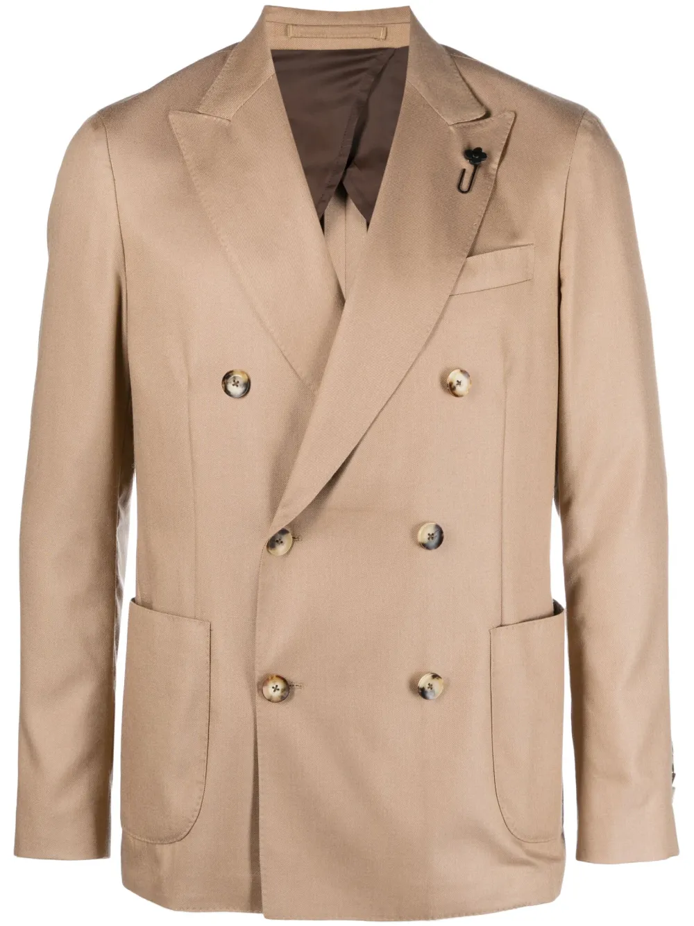 Shop Lardini Double-breasted Satin-finish Blazer In Nude