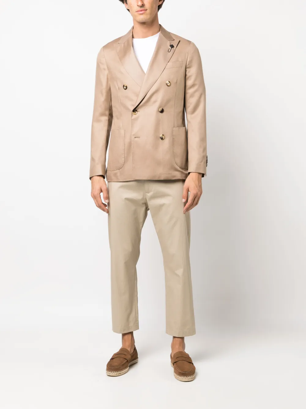 Shop Lardini Double-breasted Satin-finish Blazer In Nude