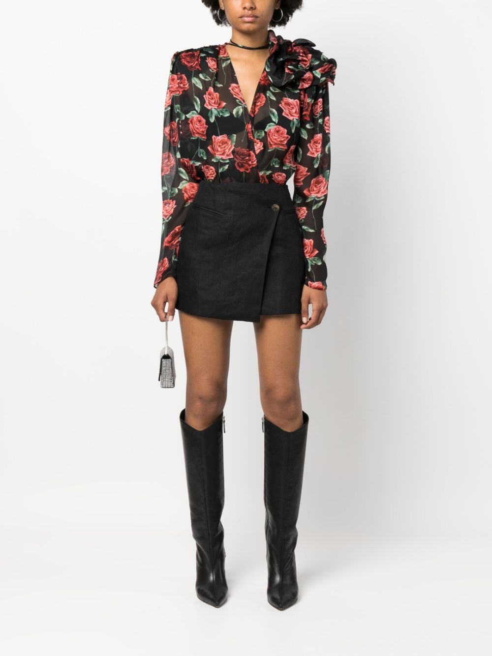 Magda Butrym floral-appliqué printed silk blouse - Zwart