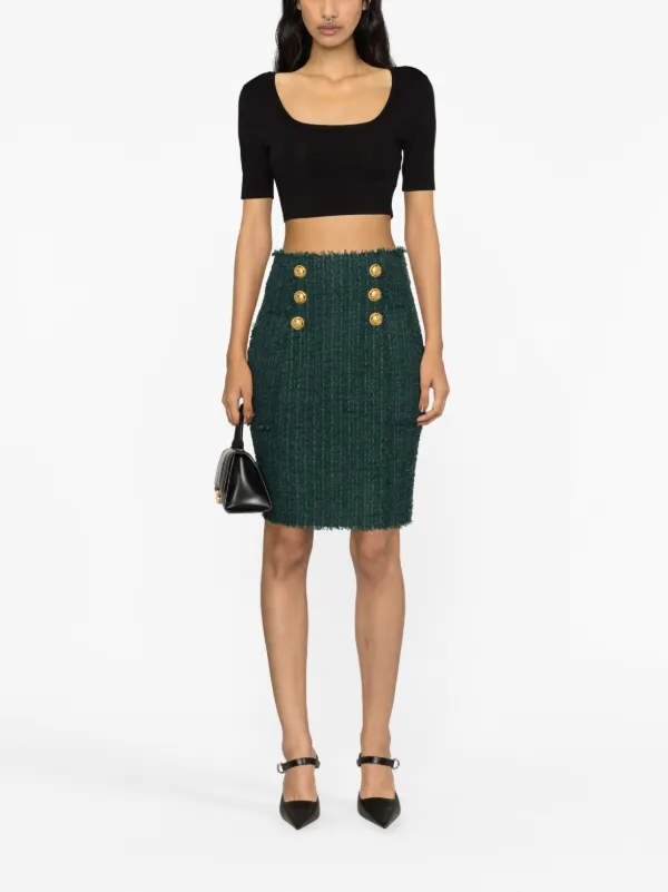 【送料&関税込】Balmain Button Tweed Skirt Balmain button-detail Tweed Pencil Skirt | Green | FARFETCH