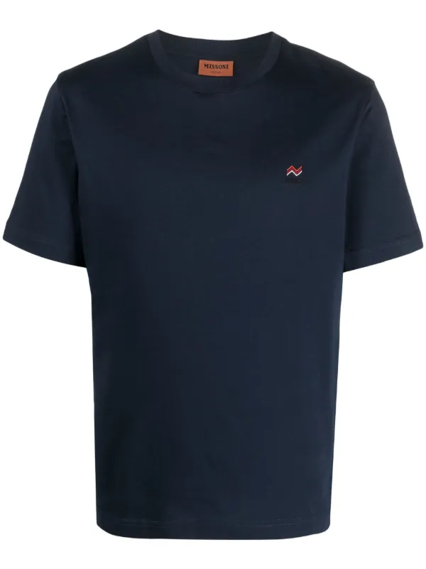 Missoni Crew Neck T-shirt in Cotton with Embroidery and Logo in Blue