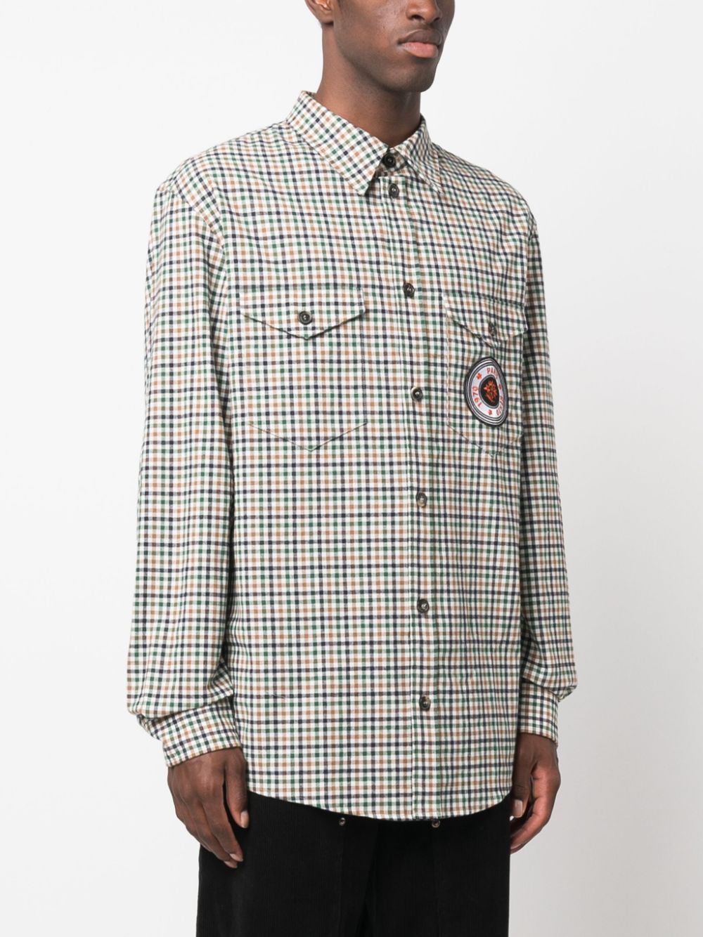 Shop Kenzo Checked Logo-patch Shirt In Brown