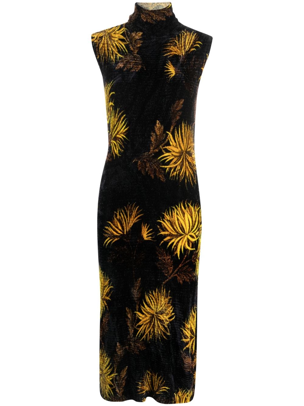Shop Etro Floral-print Corduroy Midi Dress In 黑色