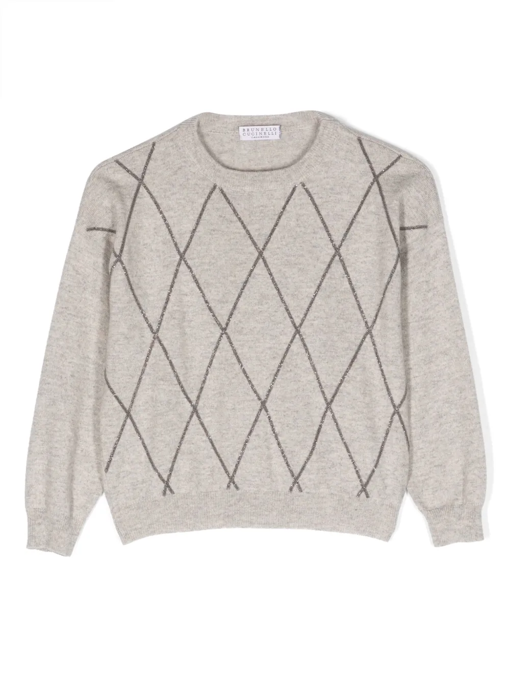 Brunello Cucinelli Kids' Precious Argyle Embroidery Cashmere Sweater In Beige