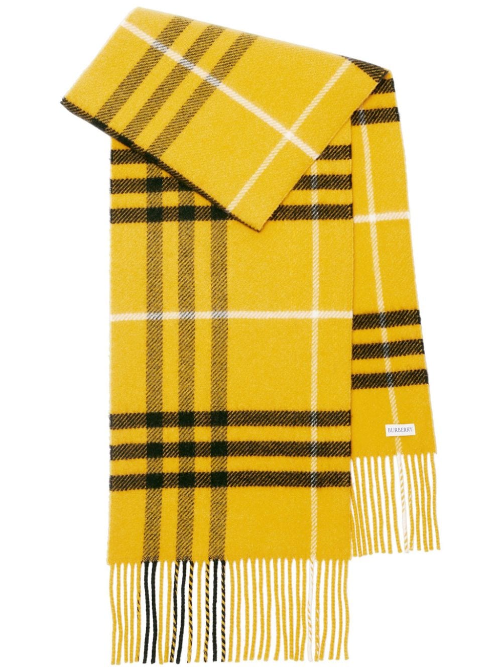 Shop Burberry Checkered Fringed Knitted Scarf In Yellow