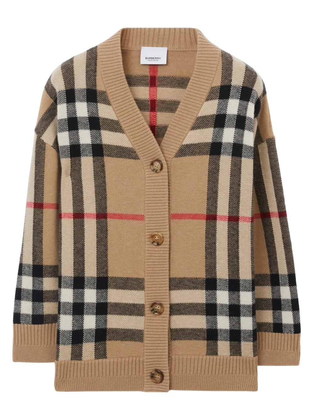 Shop Burberry Checkered Buttoned Knitted Cardigan In Neutrals