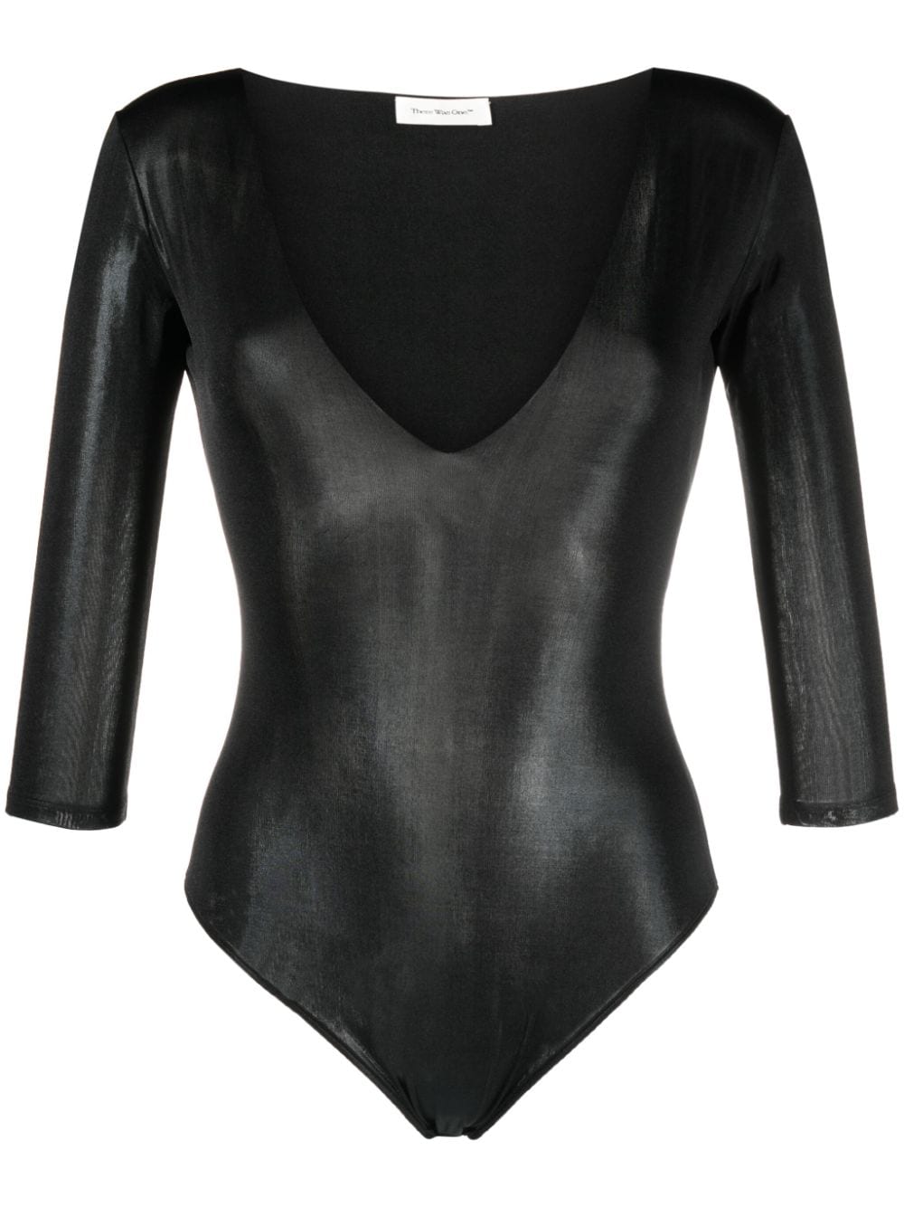 Scoop Neck Long Sleeve Bodysuit - Sculpting Faux Leather - Black