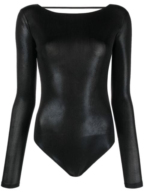 shiny-effect open-back bodysuit