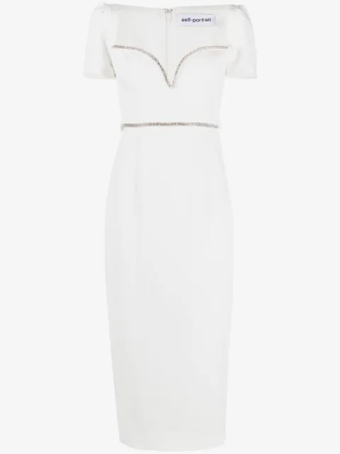 Self-Portrait White Diamante Trim Split crepe midi dress