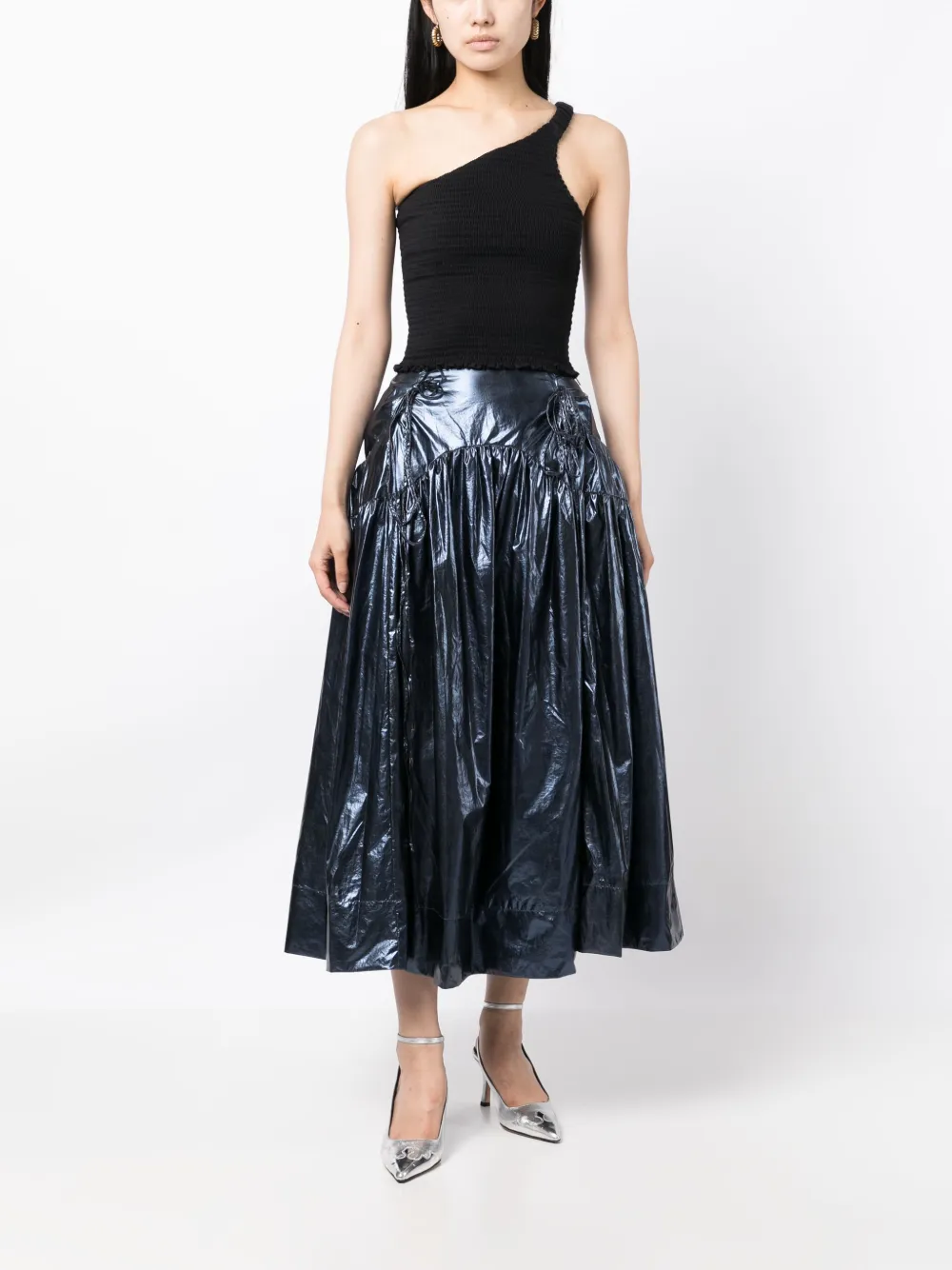 Shop Rejina Pyo Anika Gathered Lamé Midi Skirt In Metallic