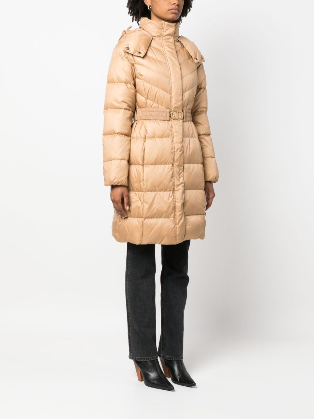 Shop Twinset Hooded Belted Puffer Coat In Neutrals