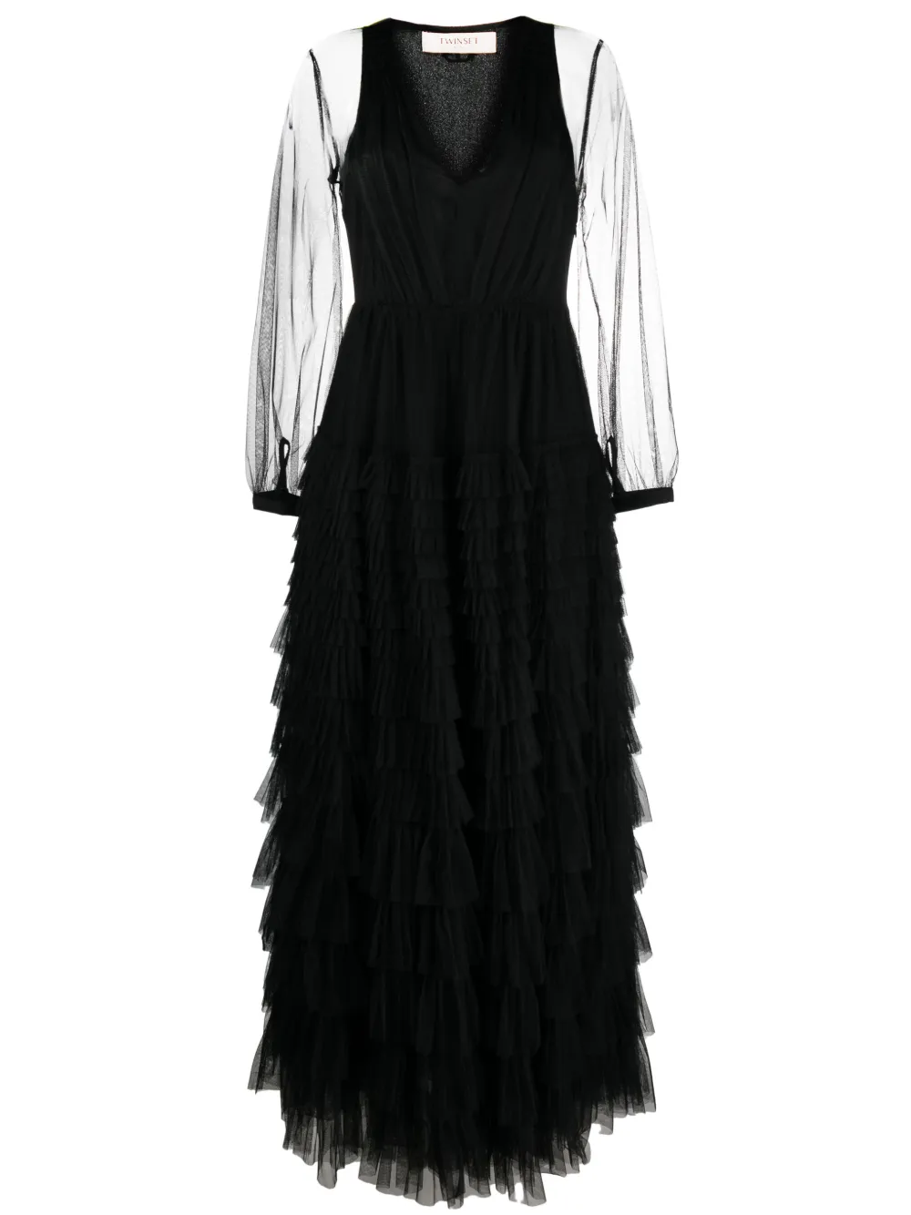 TWINSET semi-sheer sleeves tiered gown | Black | Image 1