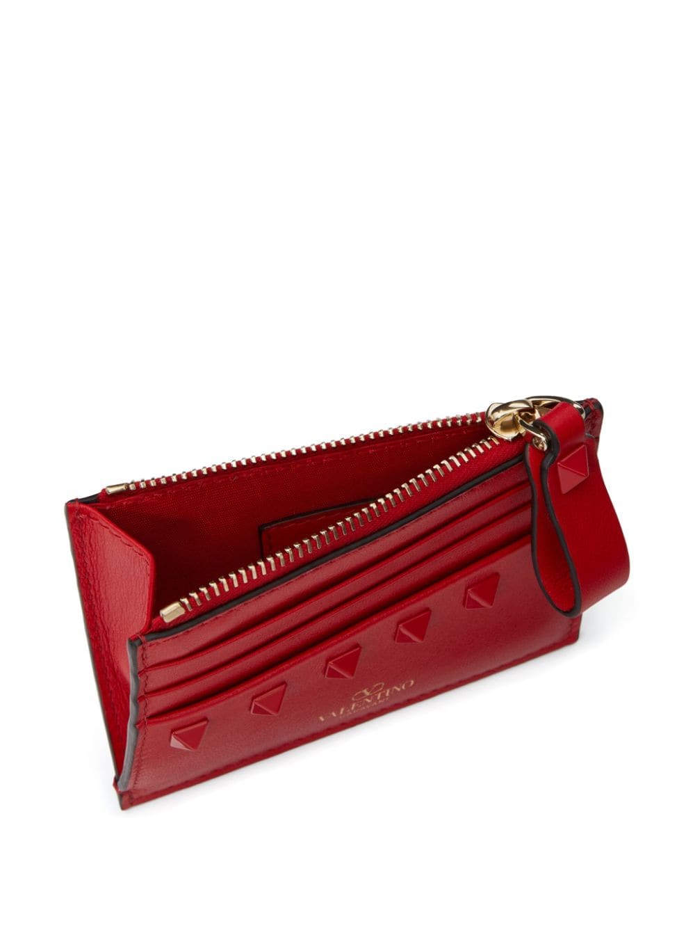 Shop Valentino Rockstud Zipped Leather Cardholder In Red