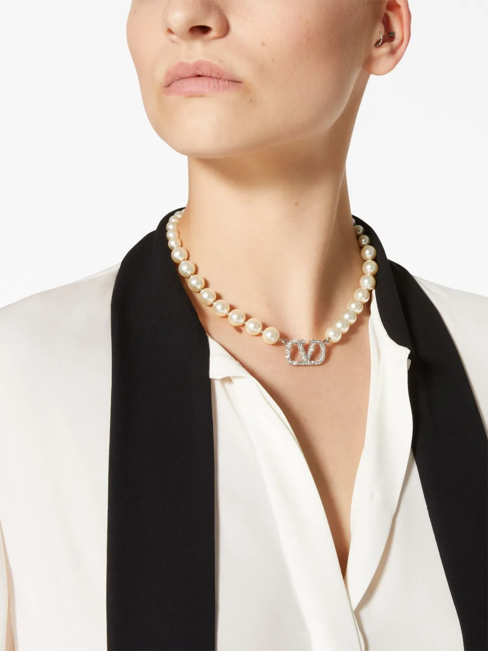 Shop Valentino Vlogo Signature Pearl Necklace In White