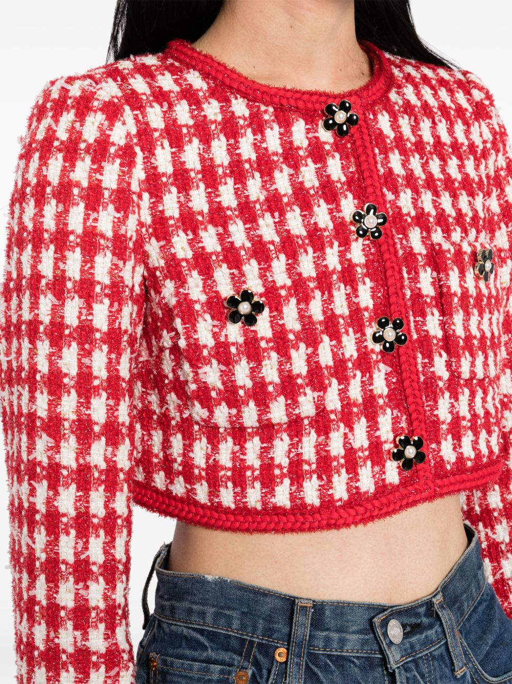 Shop Self-portrait Checked Bouclé Cropped Jacket In Red