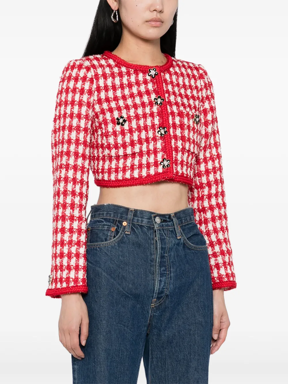 Shop Self-portrait Checked Bouclé Cropped Jacket In Red