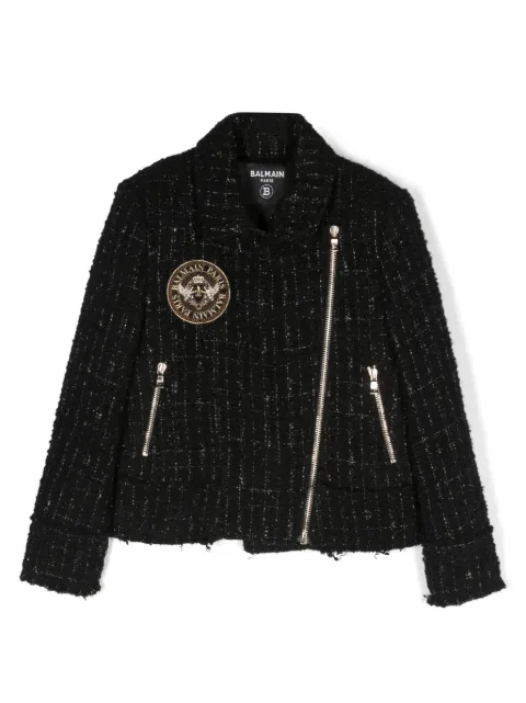 Balmain Kids logo-patch tweed jacket