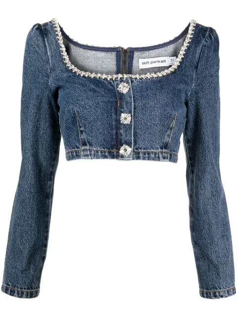 Self-Portrait crystal-embellished cropped denim top