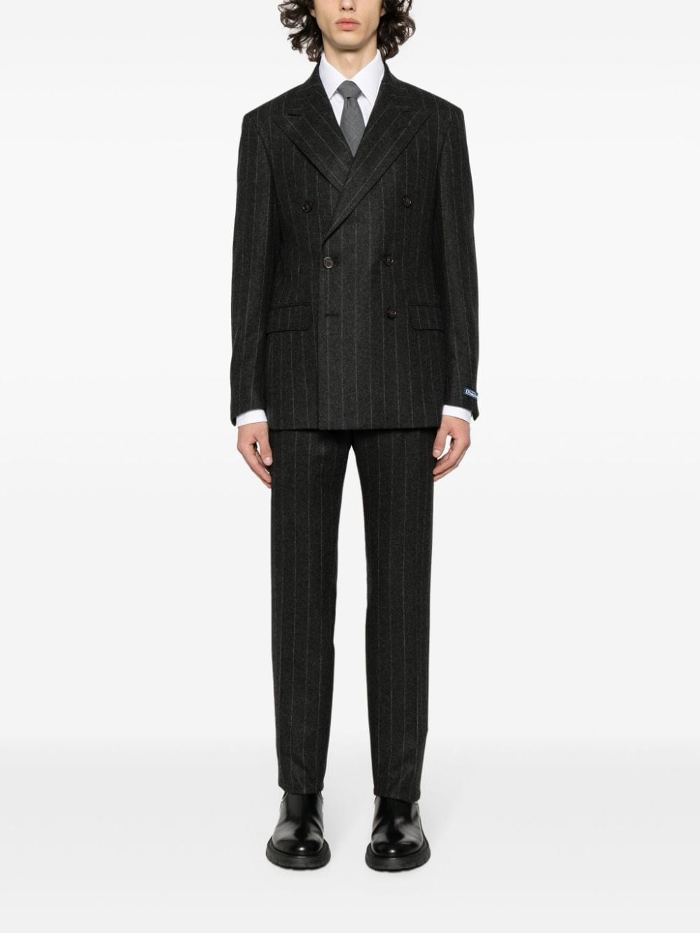 Shop Polo Ralph Lauren Double-breasted Pinstriped Wool Suit In Grey