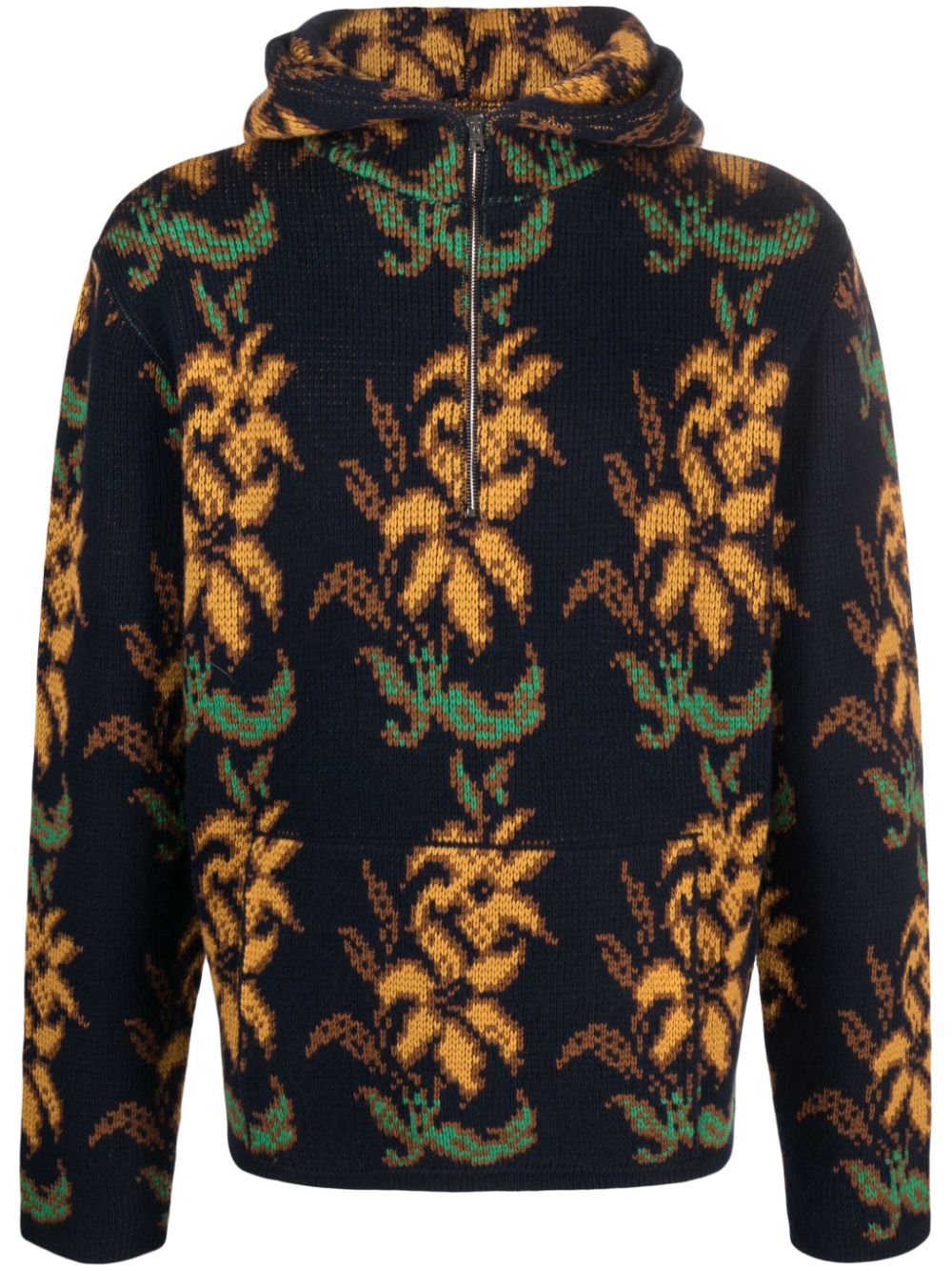 ETRO floral-intarsia virgin wool hoodie - Blue