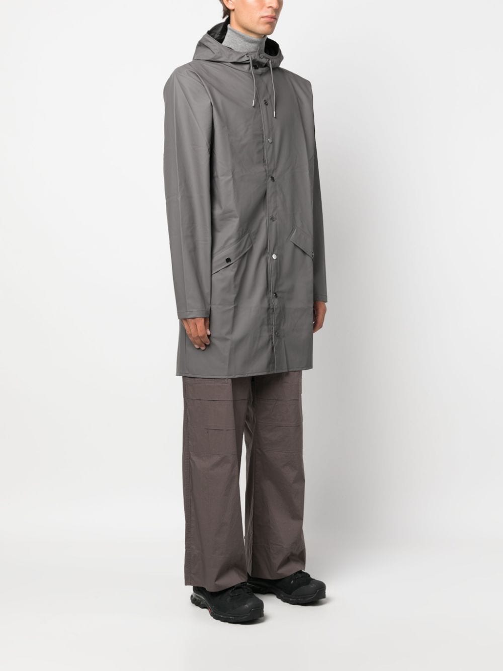 Shop Rains Hooded Stud-fastening Raincoat In Grey
