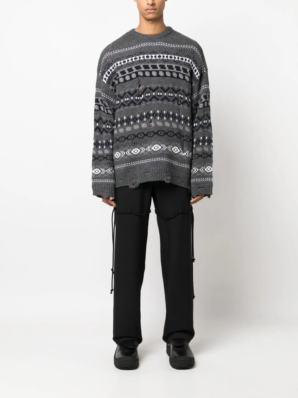 Juun.J patterned-intarsia ripped sweatshirt - Grijs