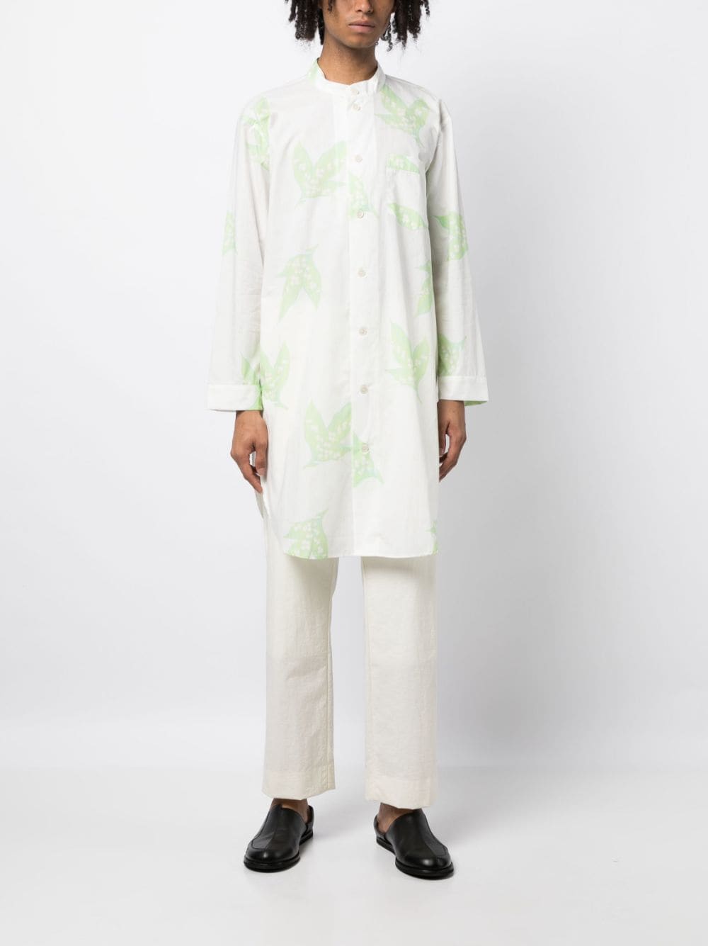 Shop Bode Leaf-print Band-collar Shirt In White