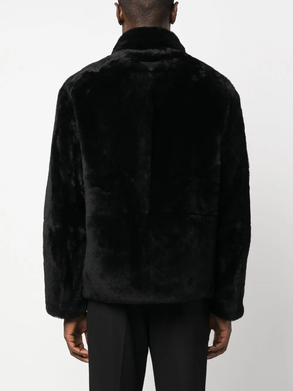 Prada Triangle-logo Shearling Jacket In Black