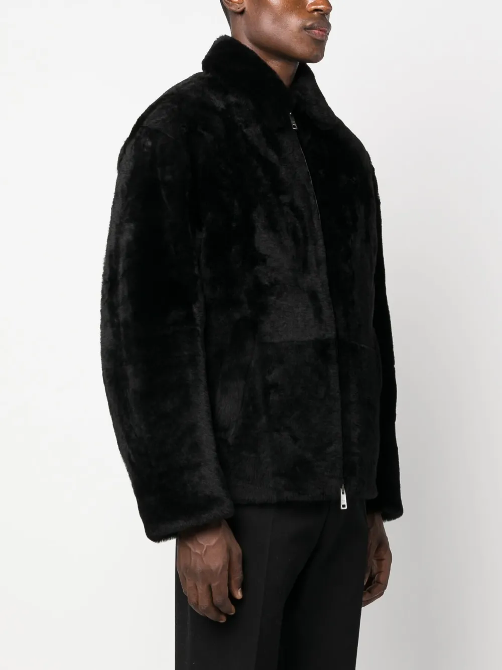 Prada Triangle-logo Shearling Jacket In Black