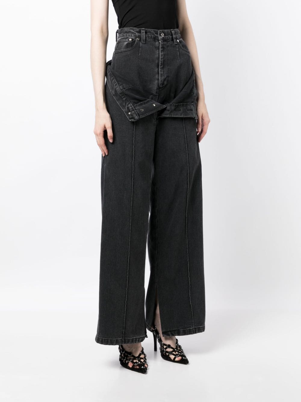 Shop Rokh Layered-effect Wide-leg Jeans In Black