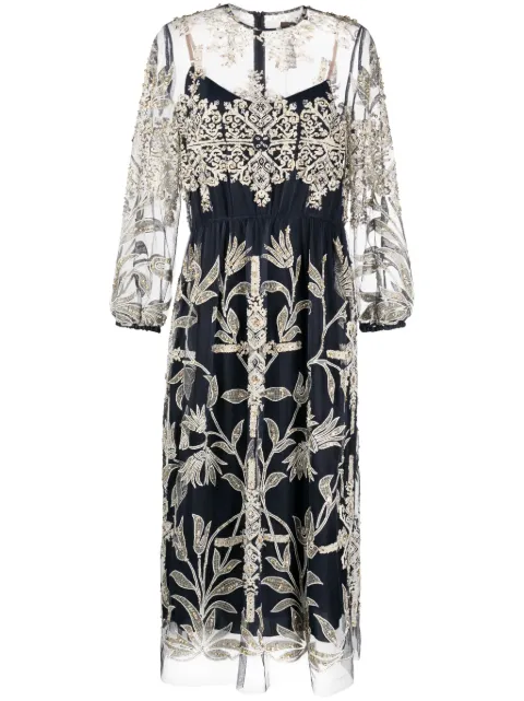 Biyan floral-embroidered semi-sheer midi dress