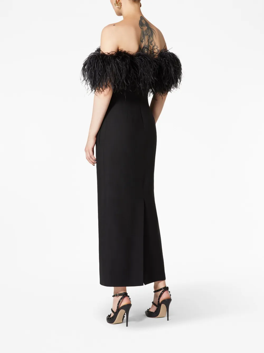 Valentino Garavani Midi-jurk met veren afwerking Zwart