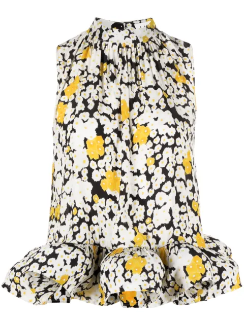 Lanvin floral-print ruffled charmeuse blouse