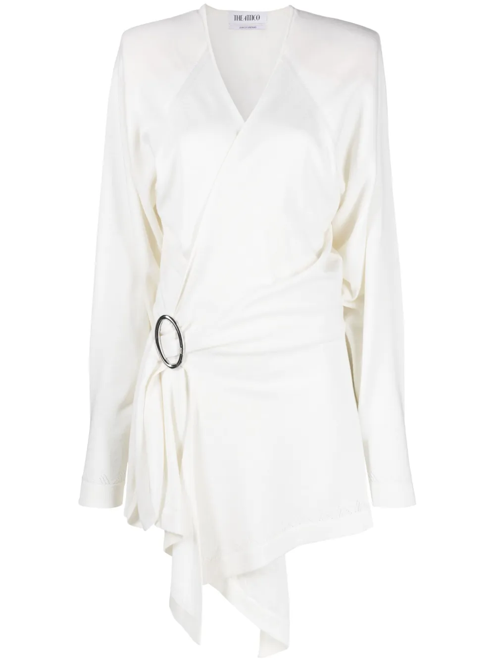 Attico Hurely Side Belt Long Sleeve Wool Minidress In Neutrals