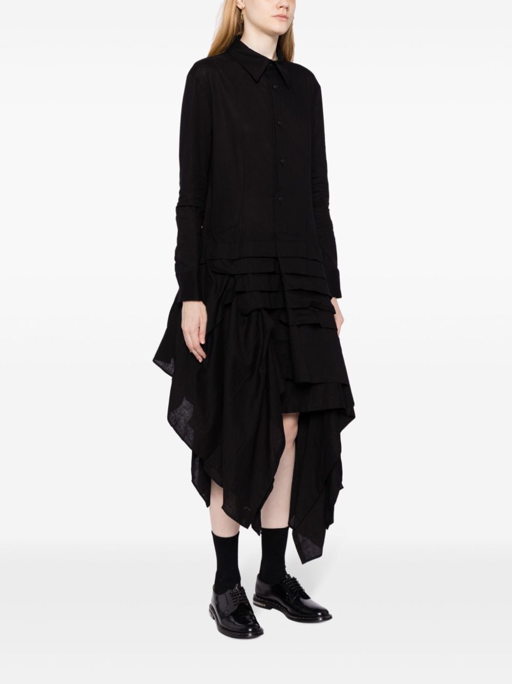 Shop Yohji Yamamoto Asymmetric Ruffled Midi Shirtdress In Black