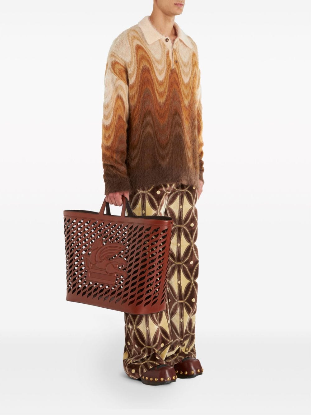 Shop Etro Pegaso-appliqué Perforated Tote Bag In Brown