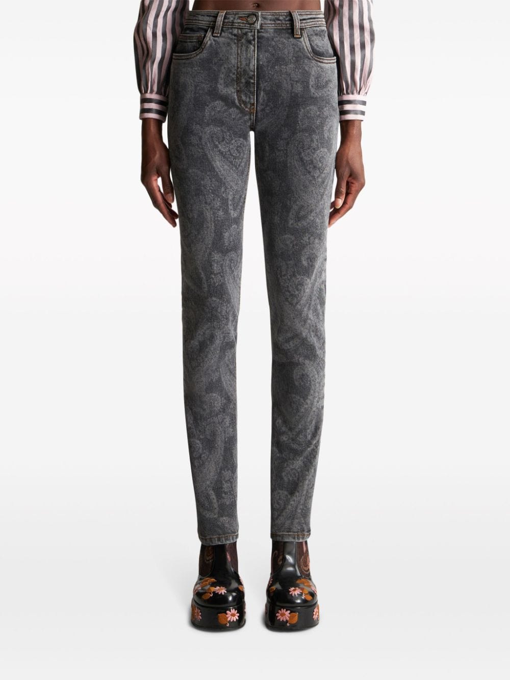 Shop Etro High-rise Paisley-print Straight-leg Jeans In Grey