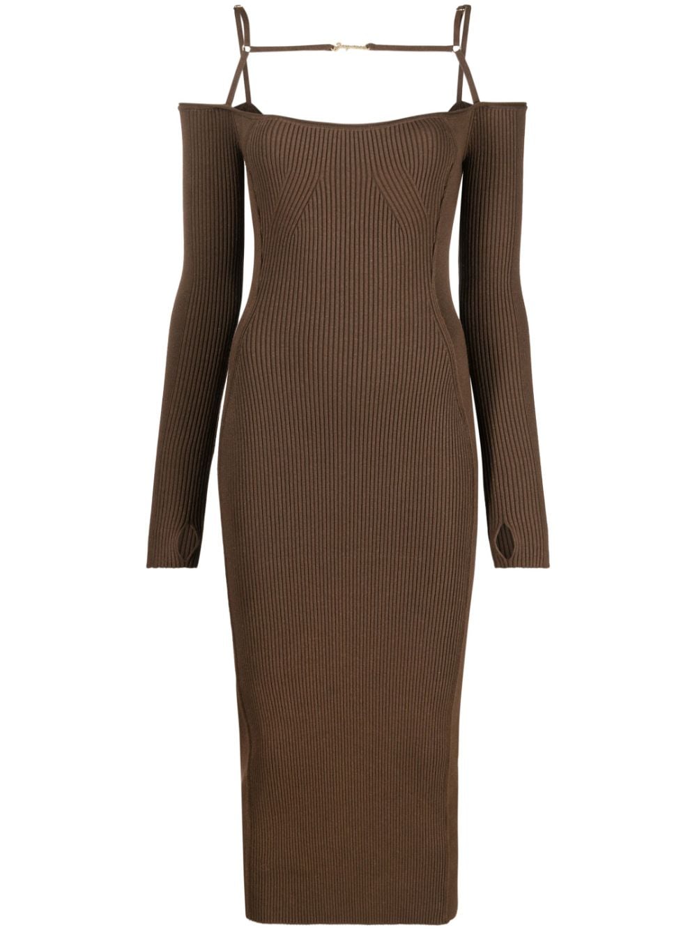 Shop Jacquemus La Robe Sierra Ribbed Midi Dress In Brown