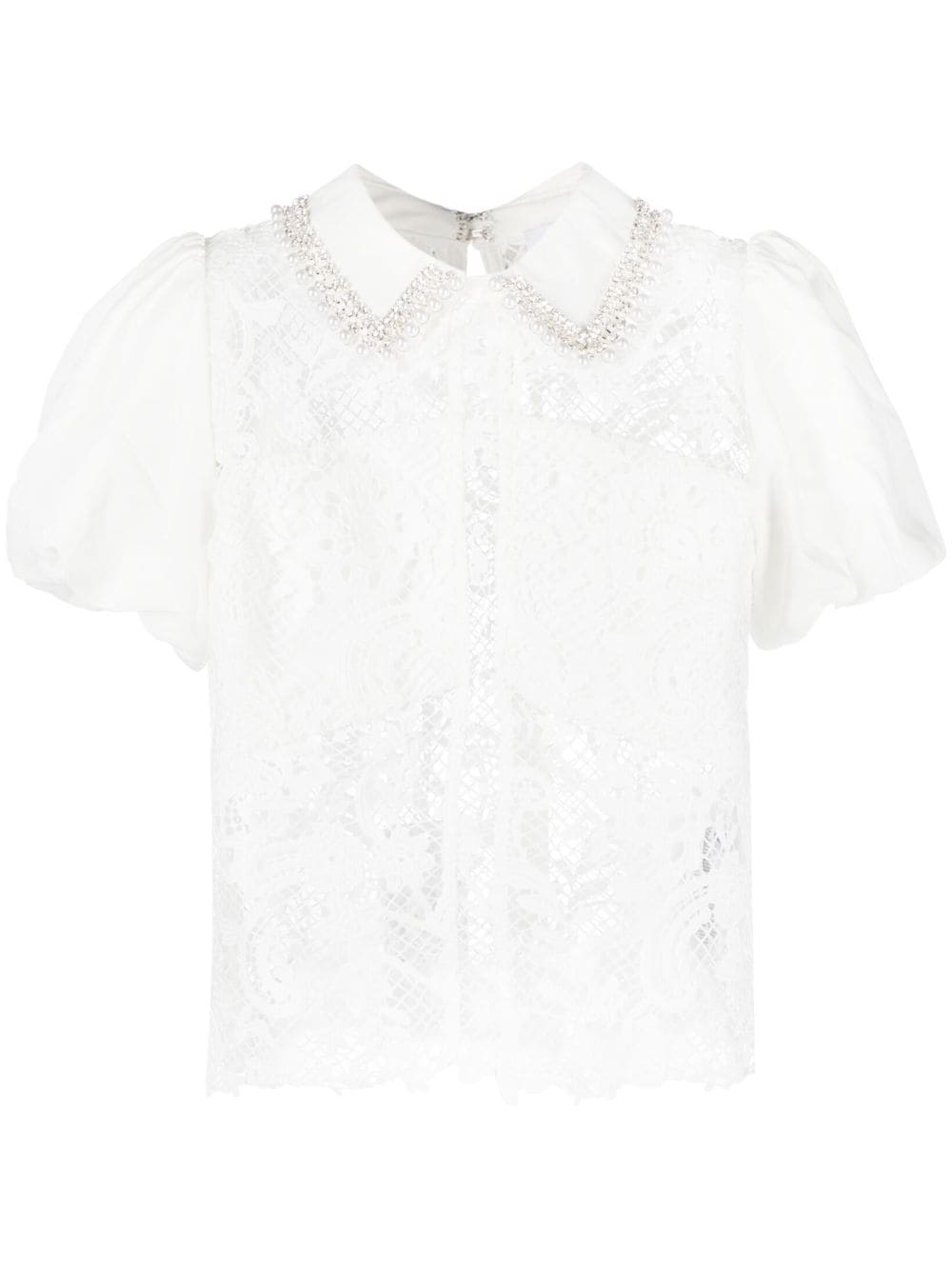 faux-pearl detail guipure-lace blouse