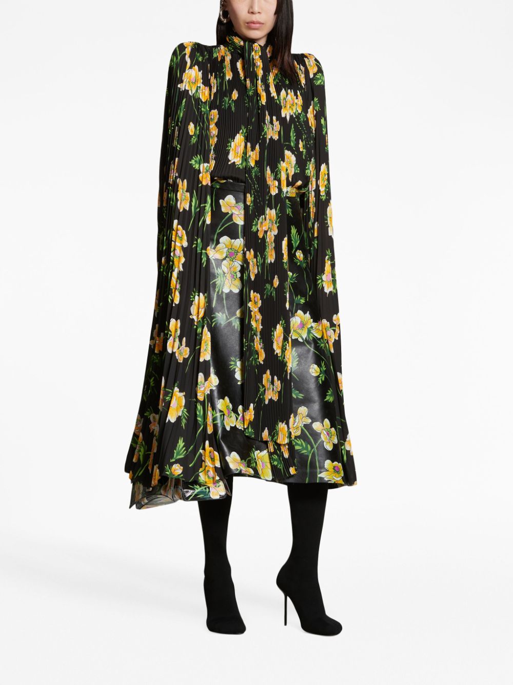 Shop Balenciaga Floral-print Pleated Blouse In Black