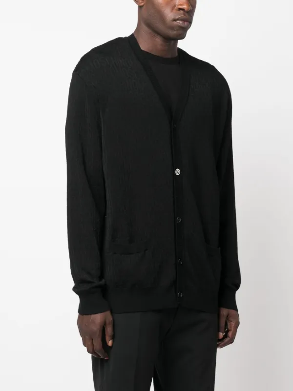 トップス 70s- black virgin wool cardigan Vintage 70's Black Zip Cardigan Wide Ribbed Wool White Stag