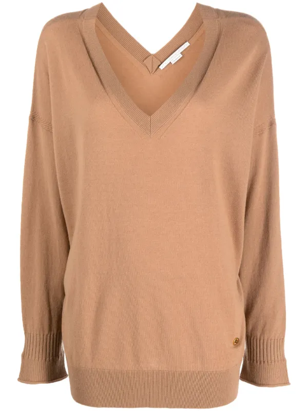 Stella McCartney logo-plaque V-neck Knitted Jumper | Brown 