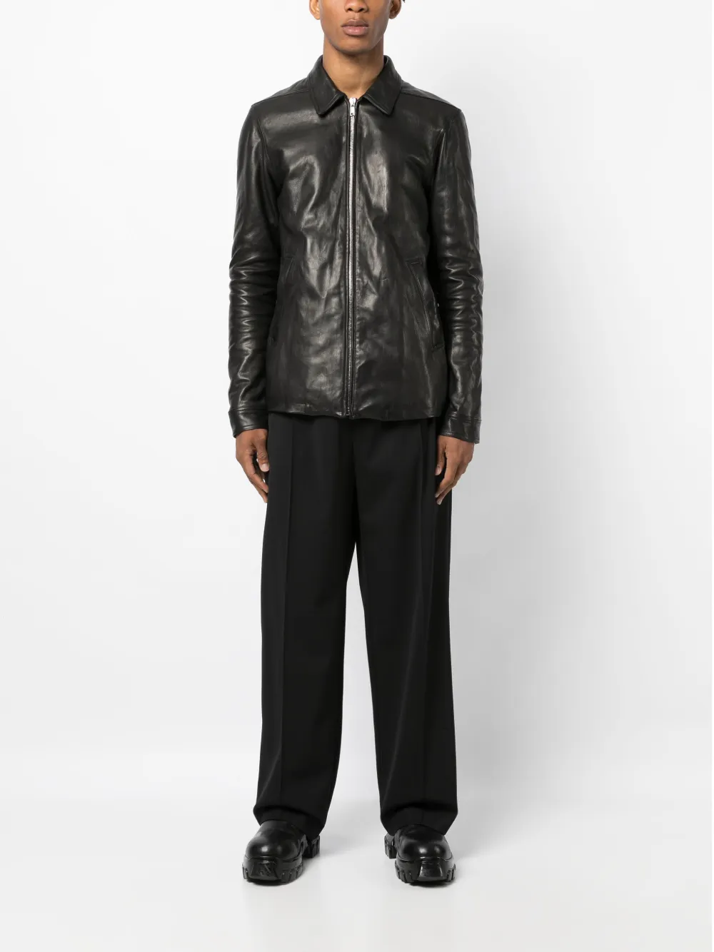 Shop Rick Owens Zip-up Leather Jacket In Black