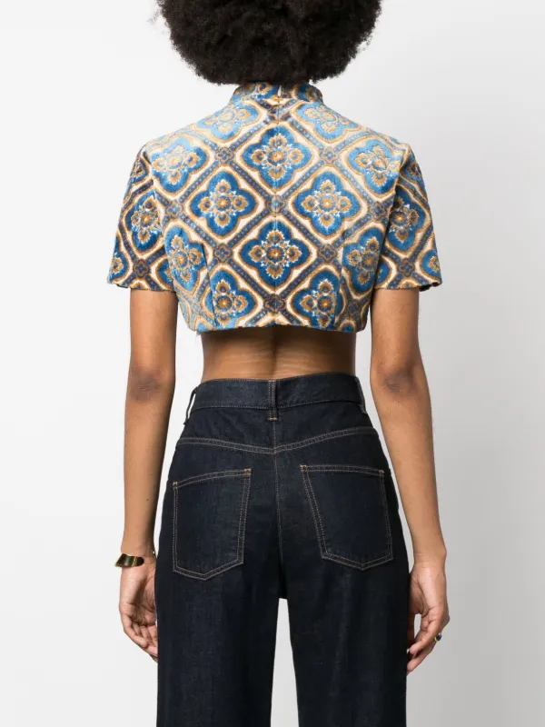 ETRO abstract-print Velvet Crop Top | Blue | FARFETCH