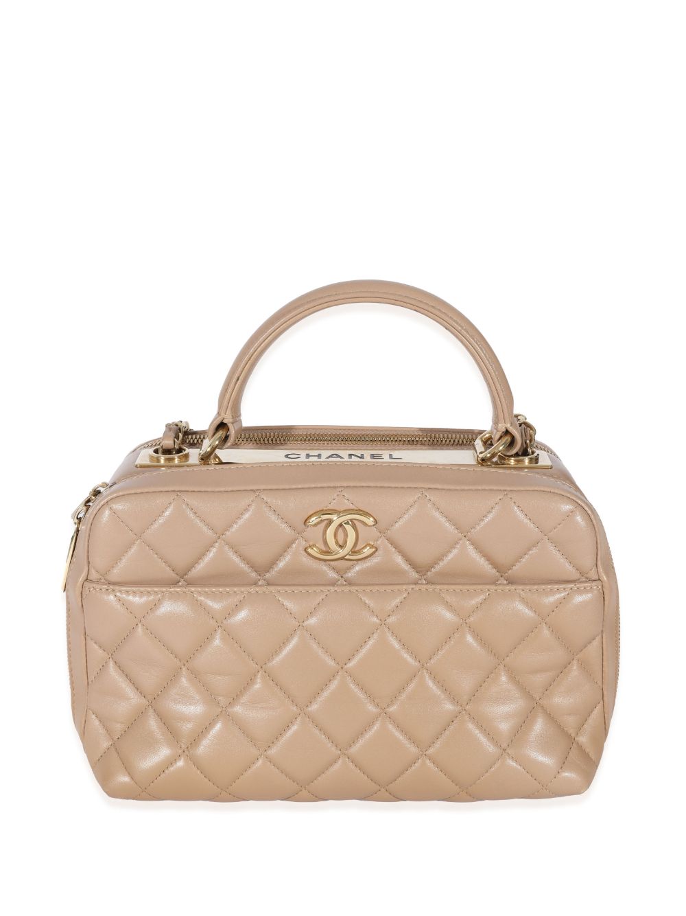 Pre-owned Chanel 2016-2017 Diamond-quilted Cc Plaque Bowling Handbag In  Neutrals