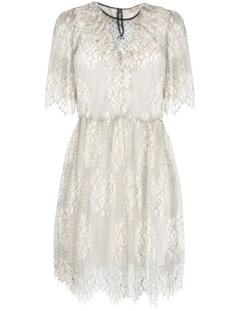 floral-lace layered flared dress