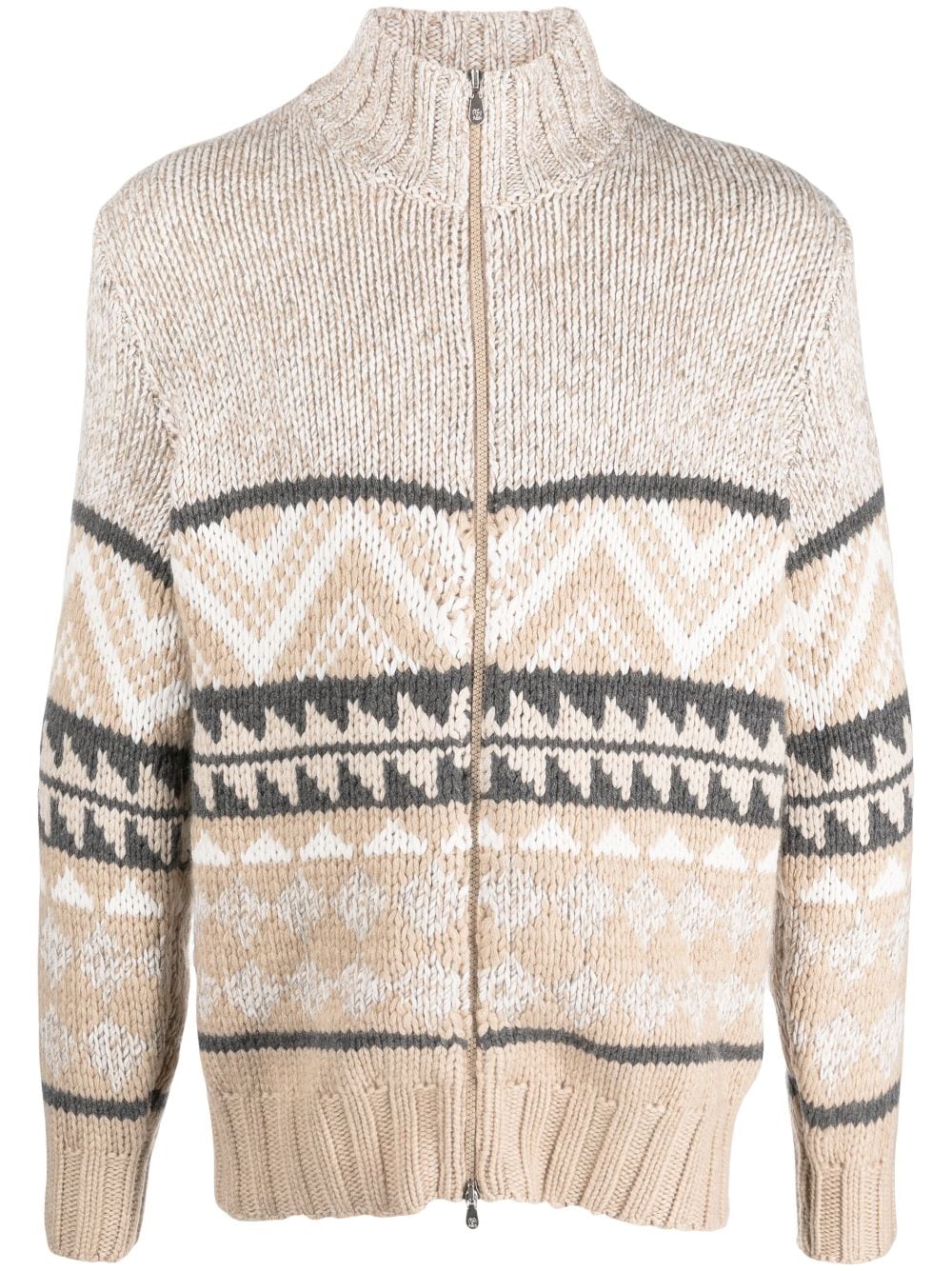 Shop Brunello Cucinelli Intarsia-knit Cashmere Zipped Cardigan In Neutrals