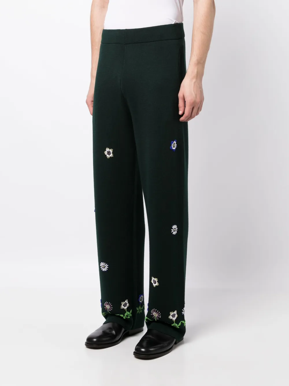 Shop Bode Floral-embroidered Wool Trousers In Green