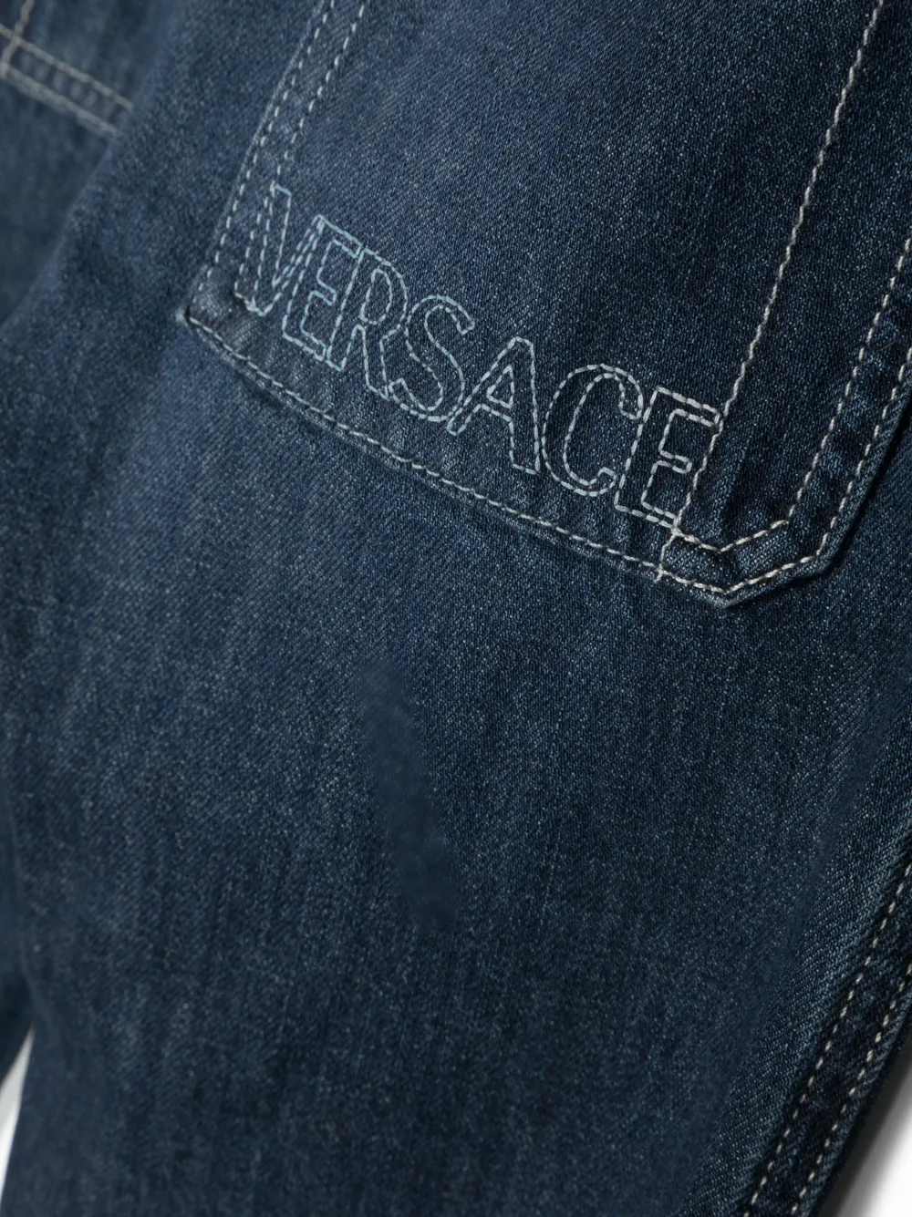 Shop Versace Logo-embroidered Straight-leg Jeans In Blue